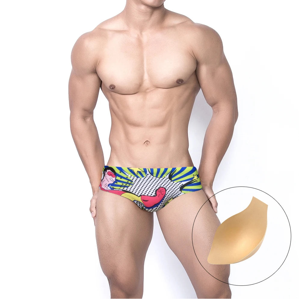 a sexy man in green Men’s Hypno Booty Pop Swim Briefs with pad - pridevoyageshop.com - gay men’s sexy swim briefs, trunks, board shorts, and bikinis