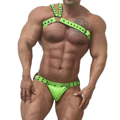 a sexy man in green Men’s Offset Chest Harness – pridevoyageshop.com – gay men’s harness, lingerie and fetish wear