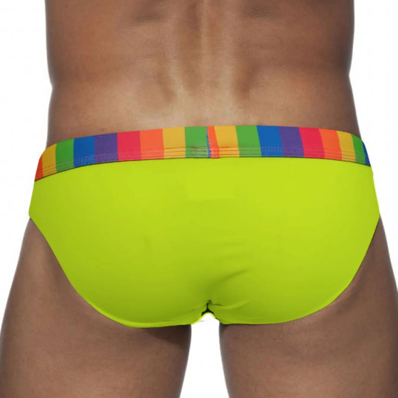 a sexy man in green Men’s Pride Patrol Rainbow Band Swim Briefs - pridevoyageshop.com - gay men’s sexy swim briefs, trunks, board shorts, and bikinis