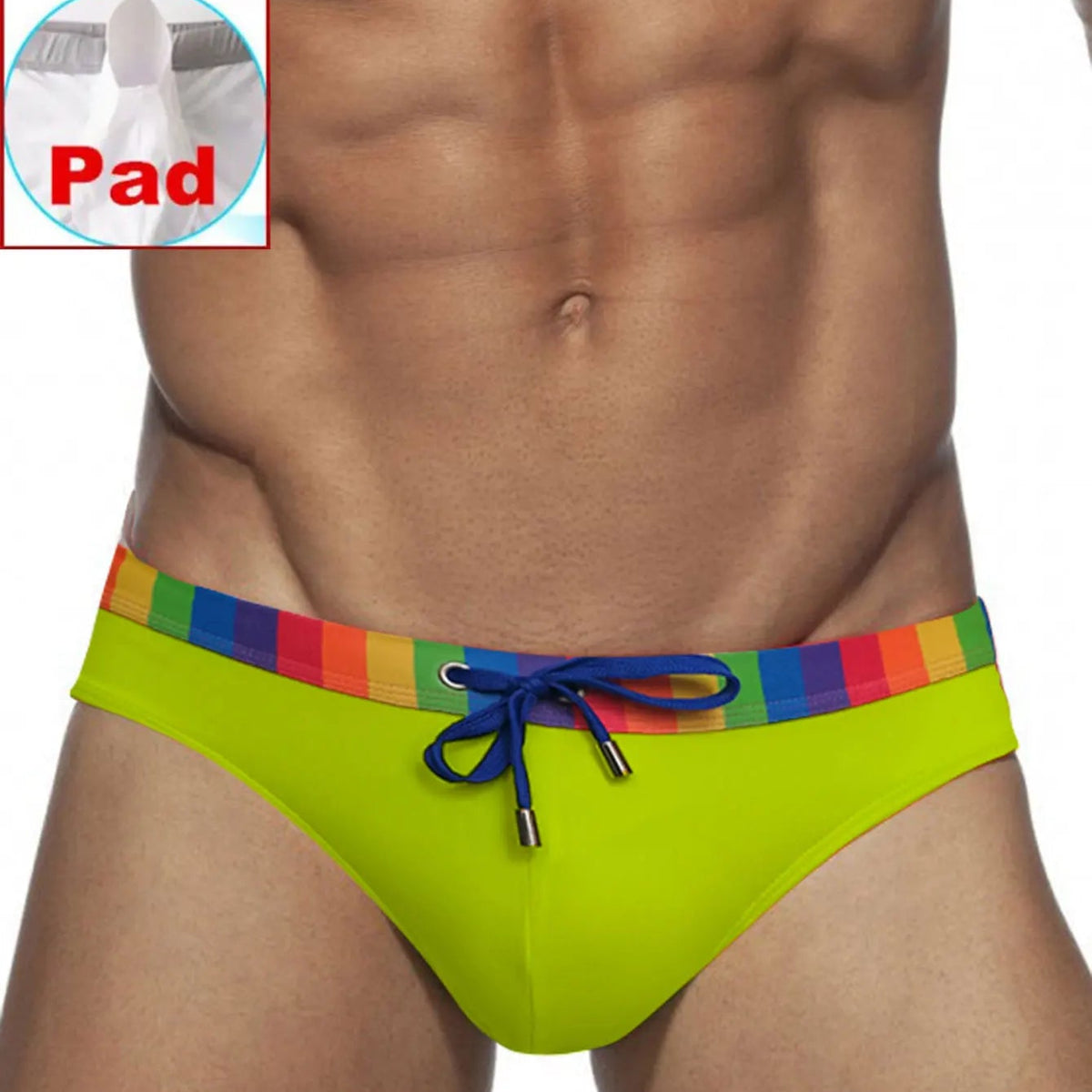 a sexy man in green Men’s Pride Patrol Rainbow Band Swim Briefs with pad - pridevoyageshop.com - gay men’s sexy swim briefs, trunks, board shorts, and bikinis