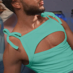 a sexy man in green PecaBoo Bow Crop – pridevoyageshopcom – gay mens clubwear mesh tanks crop tops fashion tops partywear activewear