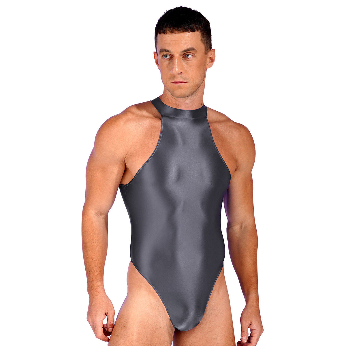 a sexy man in grey Profile High-Neck Halter Leotard showing sleek halter neckline and sculpted torso, high-cut fit – pridevoyageshop.com – gay men’s harness, lingerie and fetish wear
