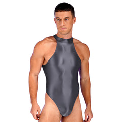 a sexy man in grey Profile High-Neck Halter Leotard showing sleek halter neckline and sculpted torso, high-cut fit – pridevoyageshop.com – gay men’s harness, lingerie and fetish wear