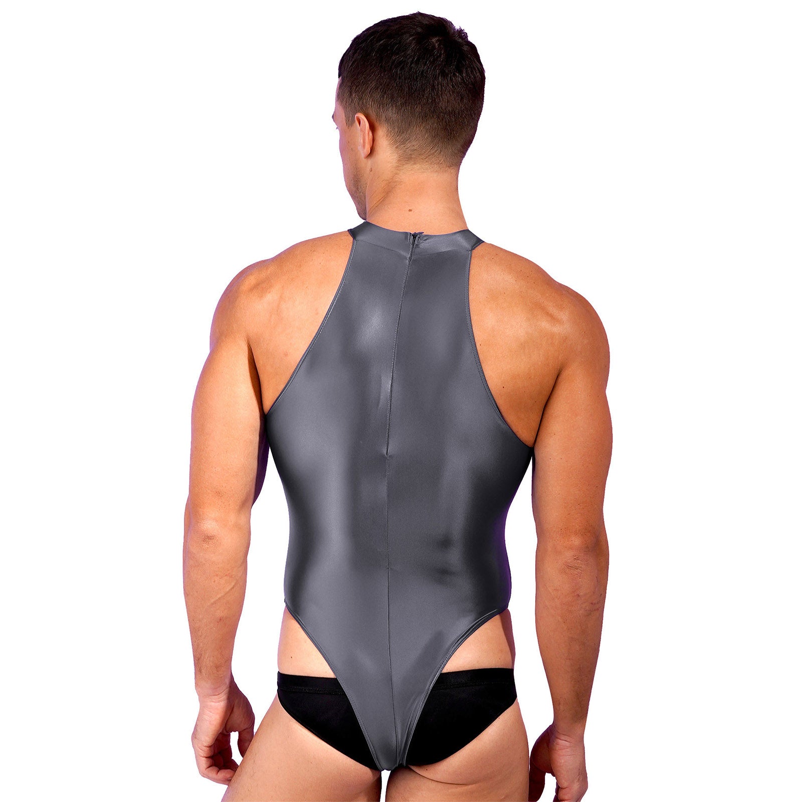 a sexy man in grey Profile High-Neck Halter Leotard showing sleek halter neckline and sculpted torso, high-cut fit – pridevoyageshop.com – gay men’s harness, lingerie and fetish wear
