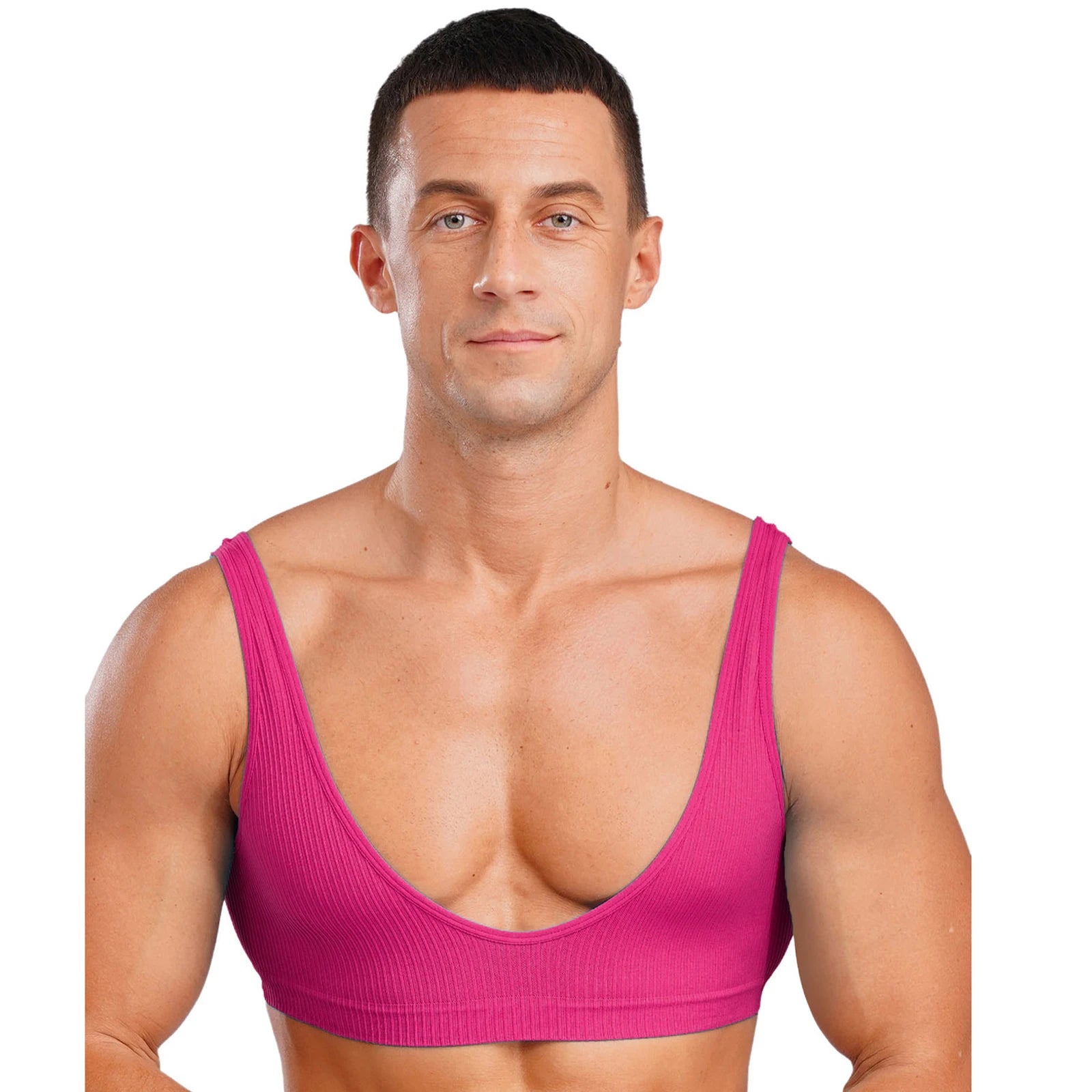 a sexy man in hot pink Boytoy Deep Scoop Rib Vest - pridevoyageshop.com - gay men’s harness, lingerie and fetish wear