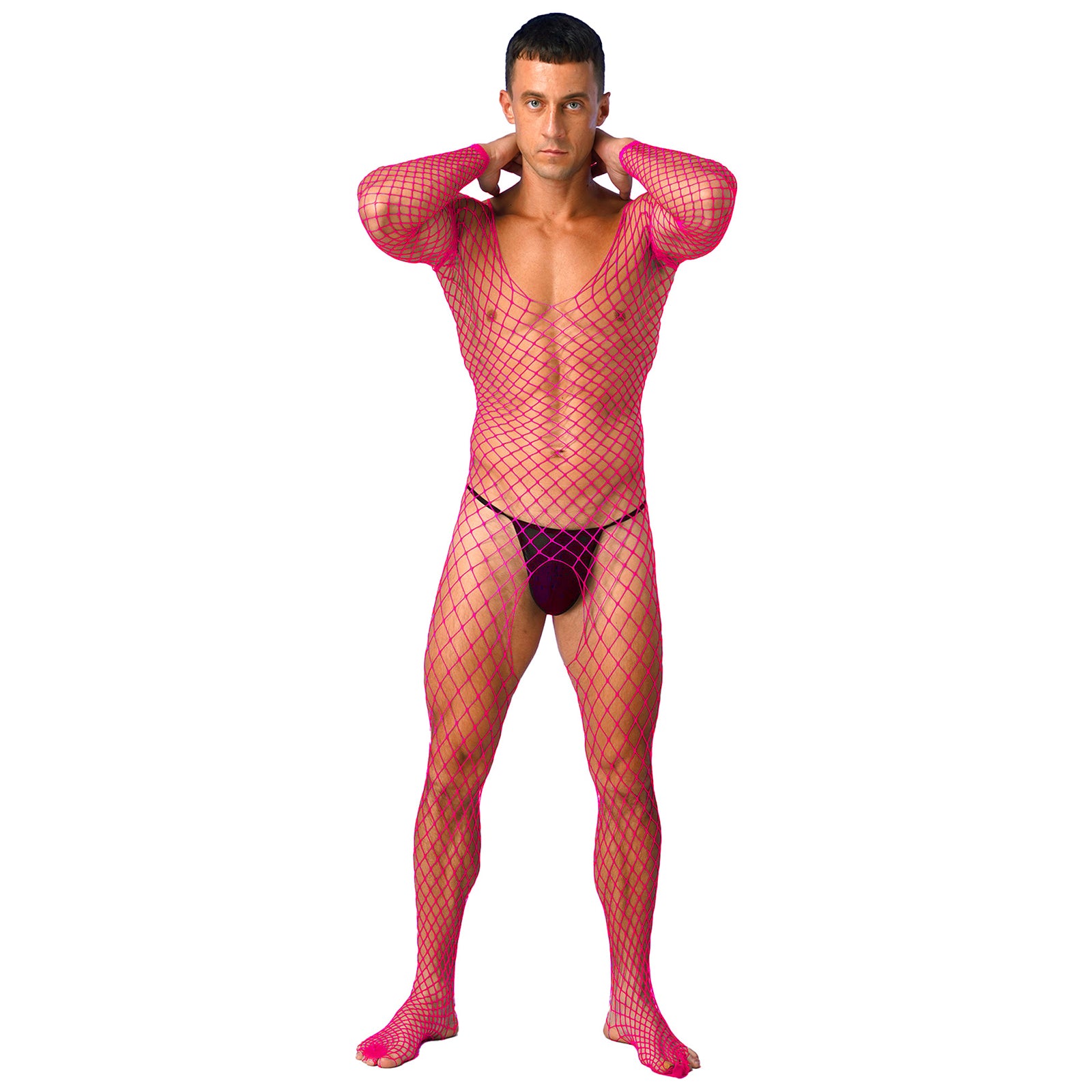 a sexy man in hot pink Full Serve Net Bodystocking - pridevoyageshop.com - gay men’s harness, lingerie and fetish wear