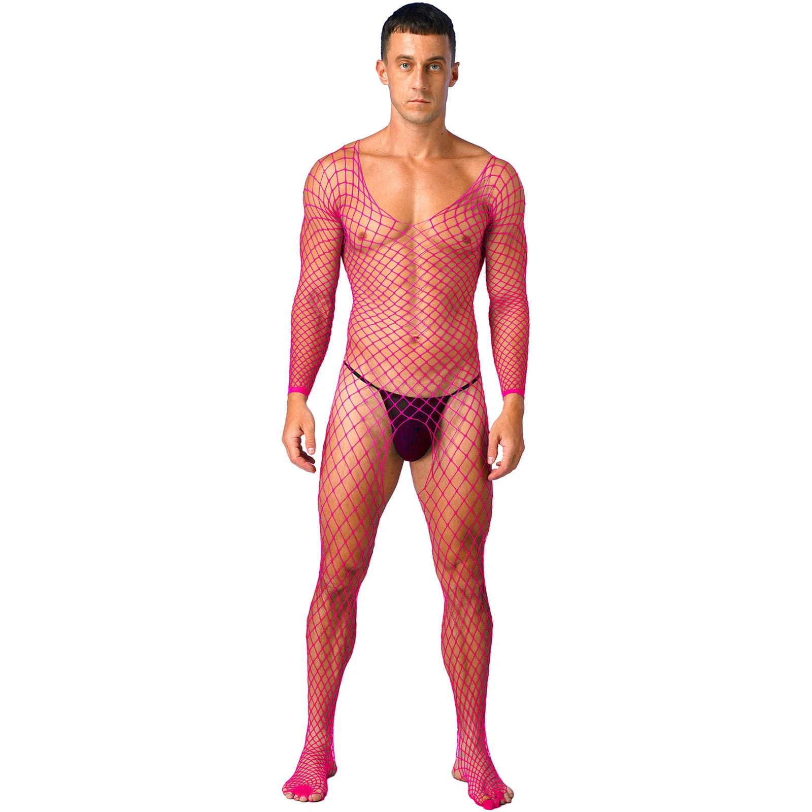 a sexy man in hot pink Full Serve Net Bodystocking - pridevoyageshop.com - gay men’s harness, lingerie and fetish wear