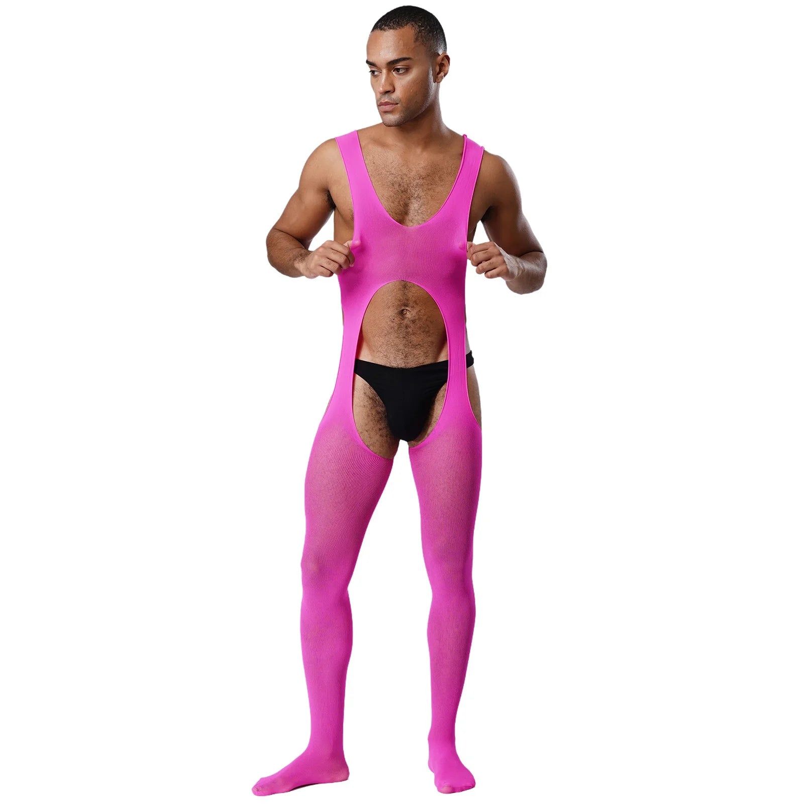 a sexy man in hot pink cutout sheer bodystocking, bold mesh and chest cutouts, flirty queer club energy – pridevoyageshop.com – gay men’s harness, lingerie and fetish wear