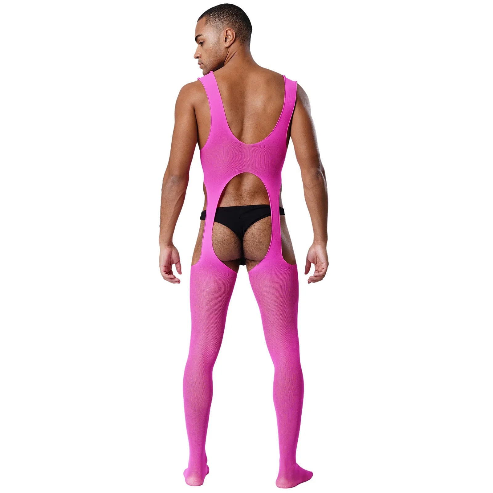 a sexy man in hot pink cutout sheer bodystocking, bold mesh and chest cutouts, flirty queer club energy – pridevoyageshop.com – gay men’s harness, lingerie and fetish wear