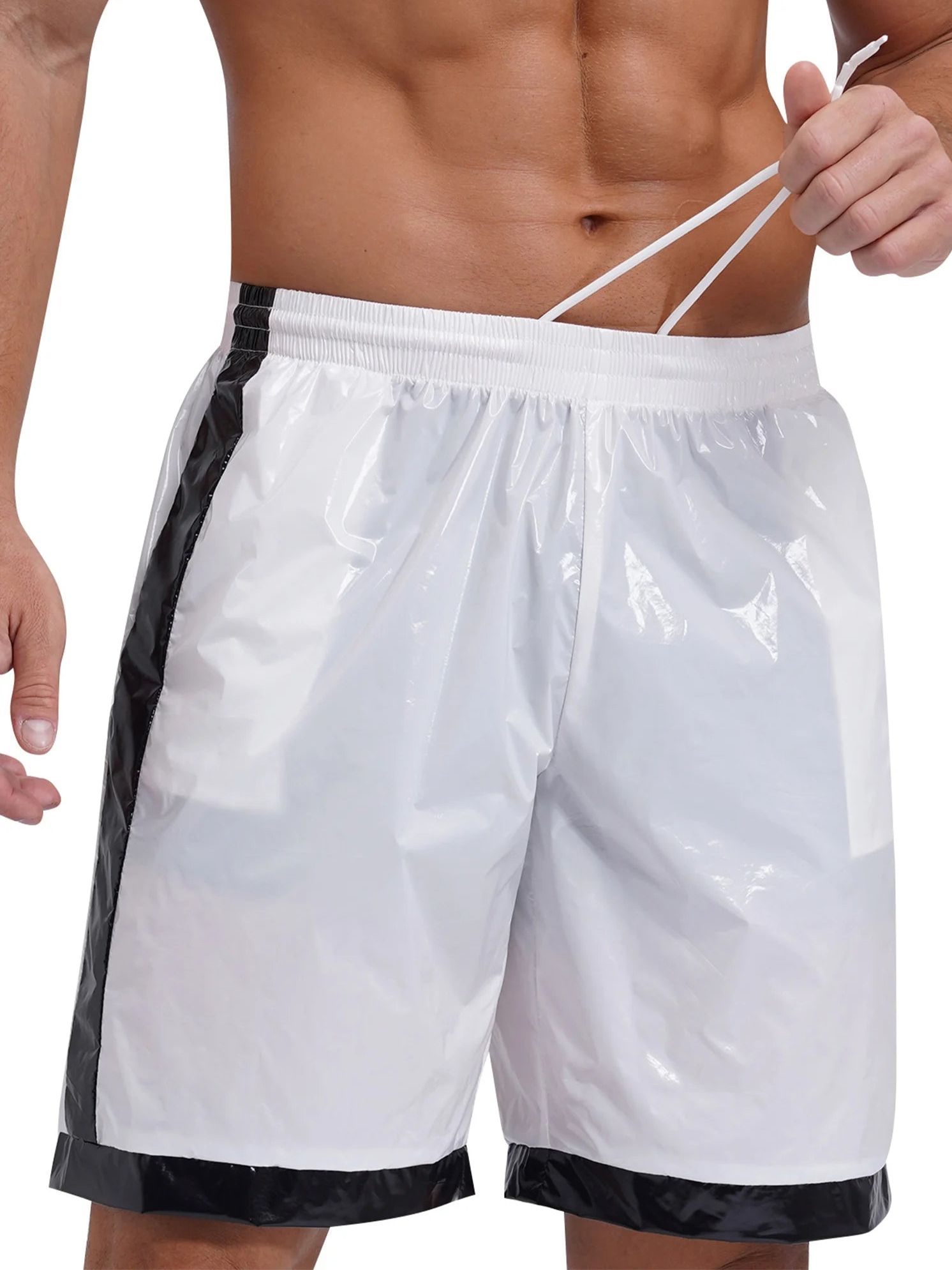 a sexy man in ivory Men’s Wet Look Lights Out Shorts – pridevoyageshop.com – gay men’s sexy swim briefs, trunks, board shorts, and bikinis