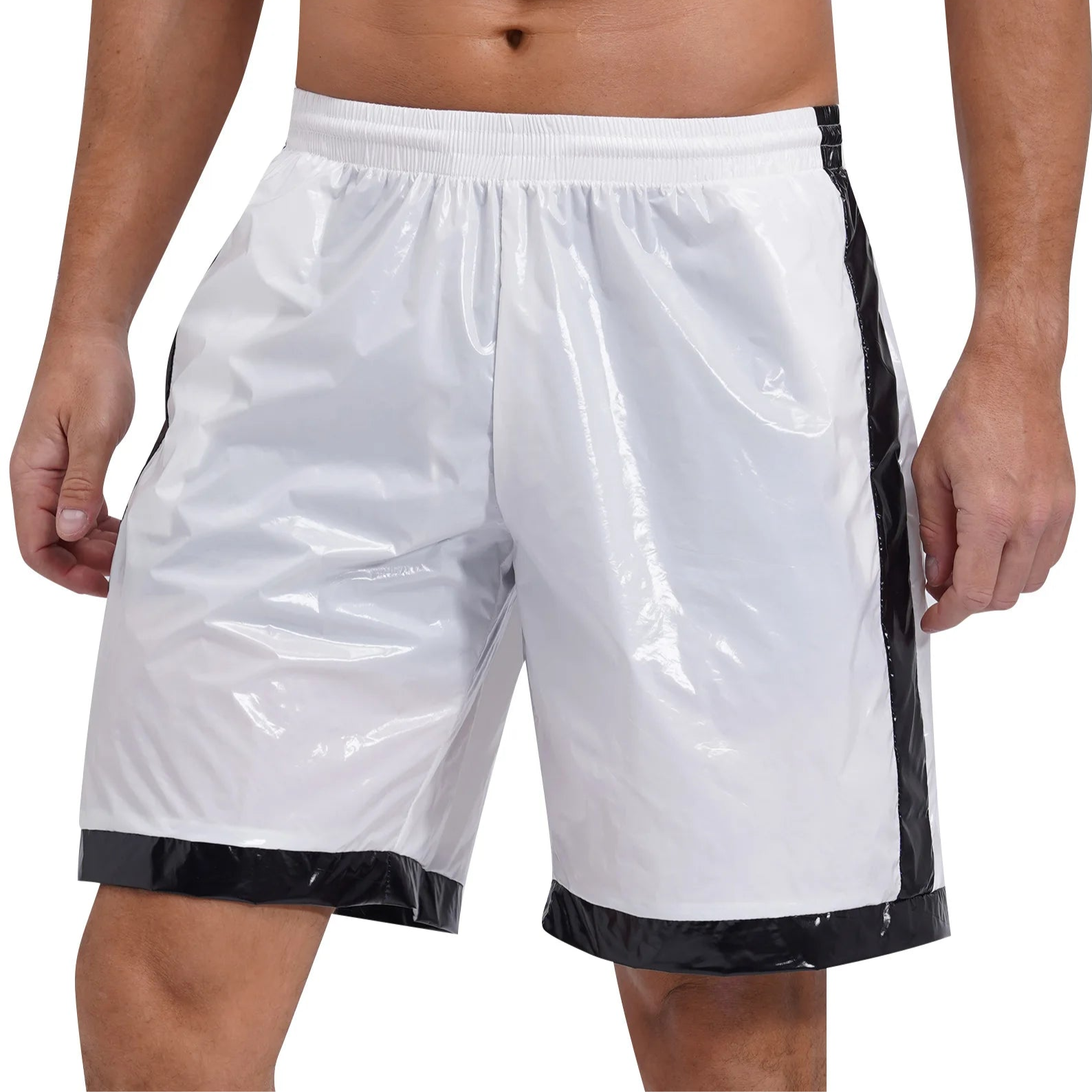 a sexy man in ivory Men’s Wet Look Lights Out Shorts – pridevoyageshop.com – gay men’s sexy swim briefs, trunks, board shorts, and bikinis