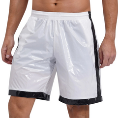 a sexy man in ivory Men’s Wet Look Lights Out Shorts – pridevoyageshop.com – gay men’s sexy swim briefs, trunks, board shorts, and bikinis