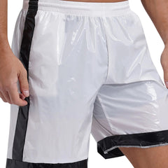 a sexy man in ivory Men’s Wet Look Lights Out Shorts – pridevoyageshop.com – gay men’s sexy swim briefs, trunks, board shorts, and bikinis