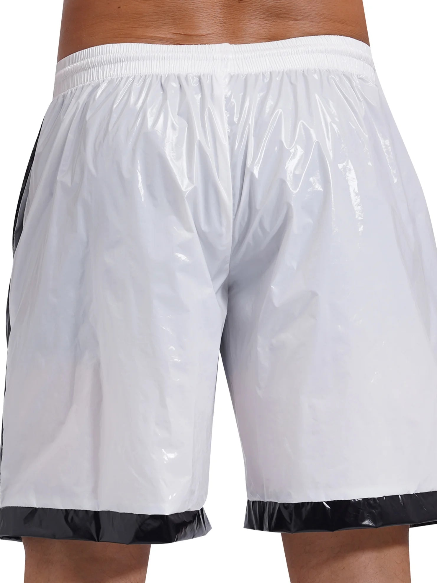 a sexy man in ivory Men’s Wet Look Lights Out Shorts – pridevoyageshop.com – gay men’s sexy swim briefs, trunks, board shorts, and bikinis