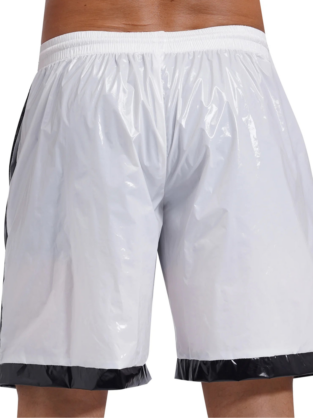 a sexy man in ivory Men’s Wet Look Lights Out Shorts – pridevoyageshop.com – gay men’s sexy swim briefs, trunks, board shorts, and bikinis