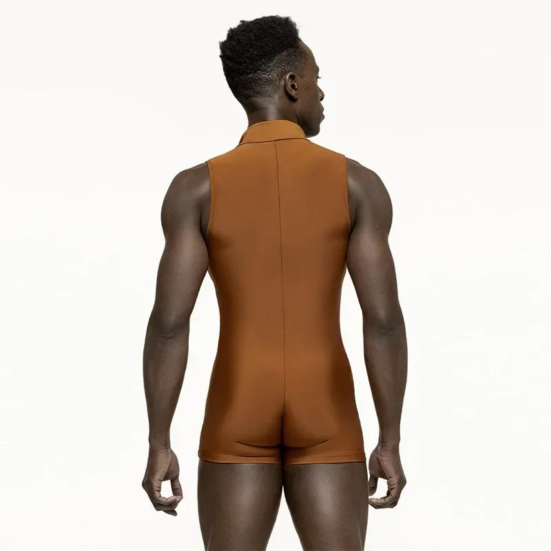 a sexy man in khaki Aerobicide Zip-Access Bodysuit – pridevoyageshop.com – gay men’s harness, lingerie and fetish wear