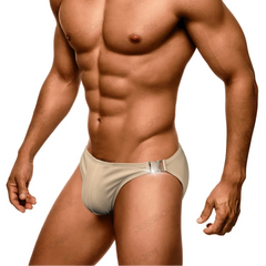 a sexy man in khaki Men’s Climax Buckle Bulge Swim Briefs - pridevoyageshop.com - gay men’s sexy swim briefs, trunks, board shorts, and bikinis