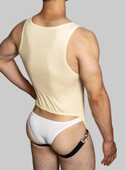 a sexy man in khaki The Label Jock-Back Bodysuit – pridevoyageshop.com – gay men’s harness, lingerie and fetish wear
