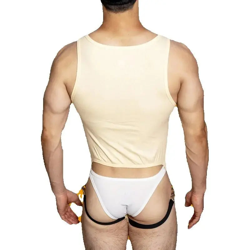 a sexy man in khaki The Label Jock-Back Bodysuit – pridevoyageshop.com – gay men’s harness, lingerie and fetish wear