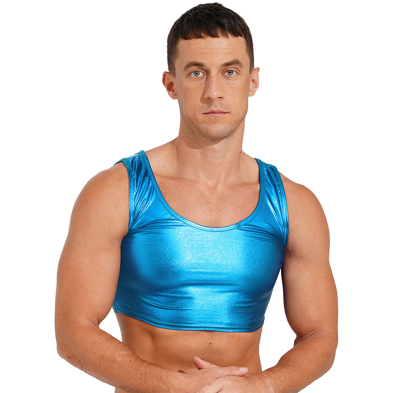 a sexy man in lake blue Liquid Mercury Micro Metallic Vest - pridevoyageshop.com - gay men’s harness, lingerie and fetish wear