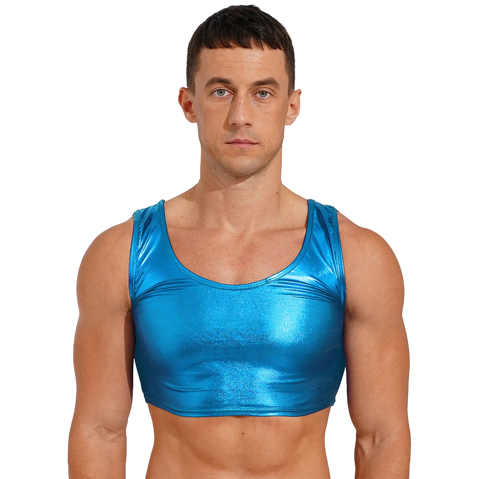 a sexy man in lake blue Liquid Mercury Micro Metallic Vest - pridevoyageshop.com - gay men’s harness, lingerie and fetish wear