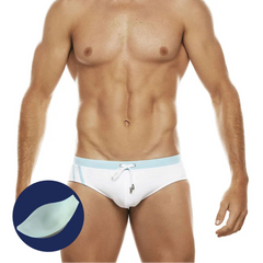 a sexy man in light blue Men’s Clean Line Hookup Swim Briefs with pad - pridevoyageshop.com - gay men’s sexy swim briefs, trunks, board shorts, and bikinis