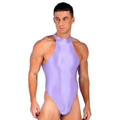 a sexy man in light purple Profile High-Neck Halter Leotard showing sleek halter neckline and sculpted torso, high-cut fit – pridevoyageshop.com – gay men’s harness, lingerie and fetish wear