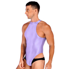 a sexy man in light purple Profile High-Neck Halter Leotard showing sleek halter neckline and sculpted torso, high-cut fit – pridevoyageshop.com – gay men’s harness, lingerie and fetish wear