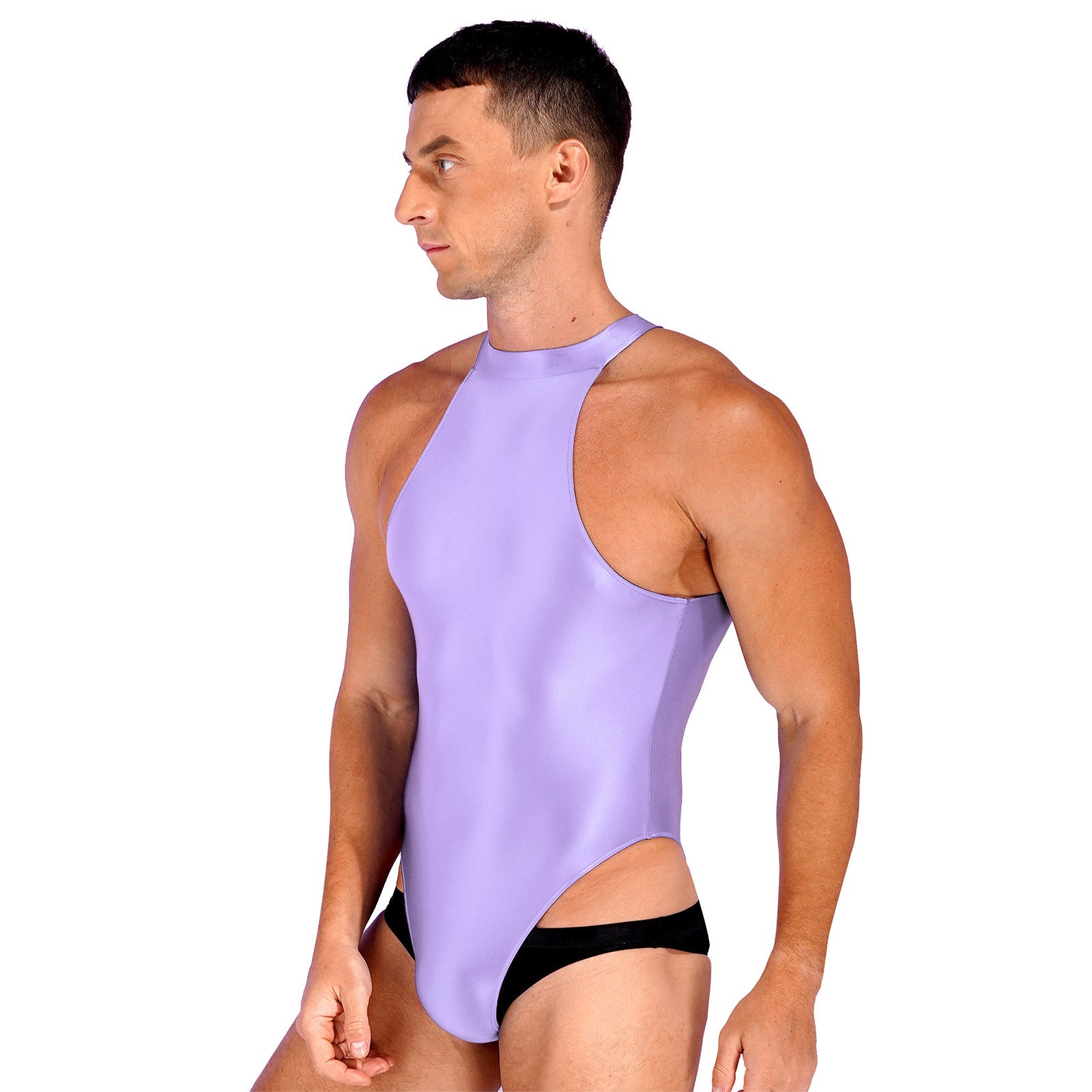 a sexy man in light purple Profile High-Neck Halter Leotard showing sleek halter neckline and sculpted torso, high-cut fit – pridevoyageshop.com – gay men’s harness, lingerie and fetish wear