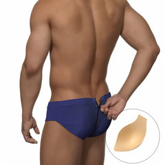 a sexy man in navy Men's Unzip Me Daddy Swim Briefs with pad - pridevoyageshop.com - gay men’s sexy swim briefs, trunks, board shorts, and bikinis