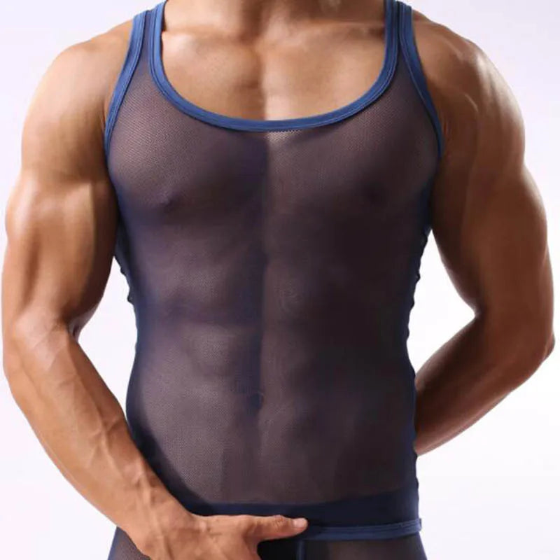 a sexy man in navy blue Bois Veil Sheer Tank – pridevoyageshopcom – gay mens clubwear mesh tanks crop tops fashion tops partywear activewear