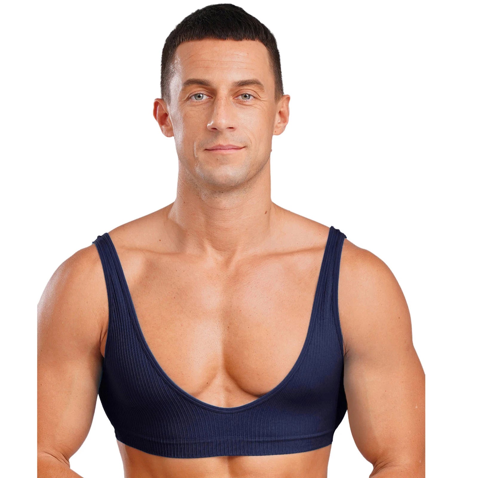 a sexy man in navy blue Boytoy Deep Scoop Rib Vest - pridevoyageshop.com - gay men’s harness, lingerie and fetish wear