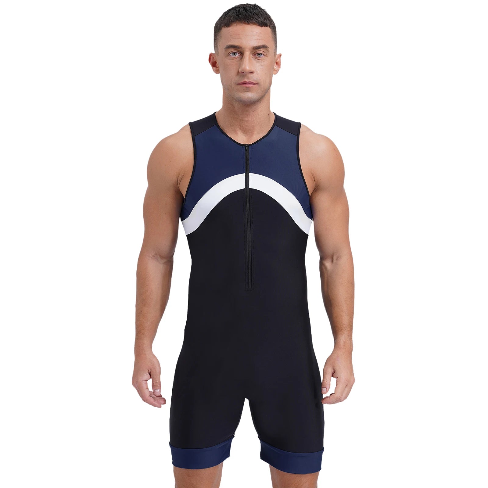 a sexy man in navy blue Men’s Undertow Wave-Zip Bodysuit – pridevoyageshop.com – gay men’s harness, lingerie and fetish wear