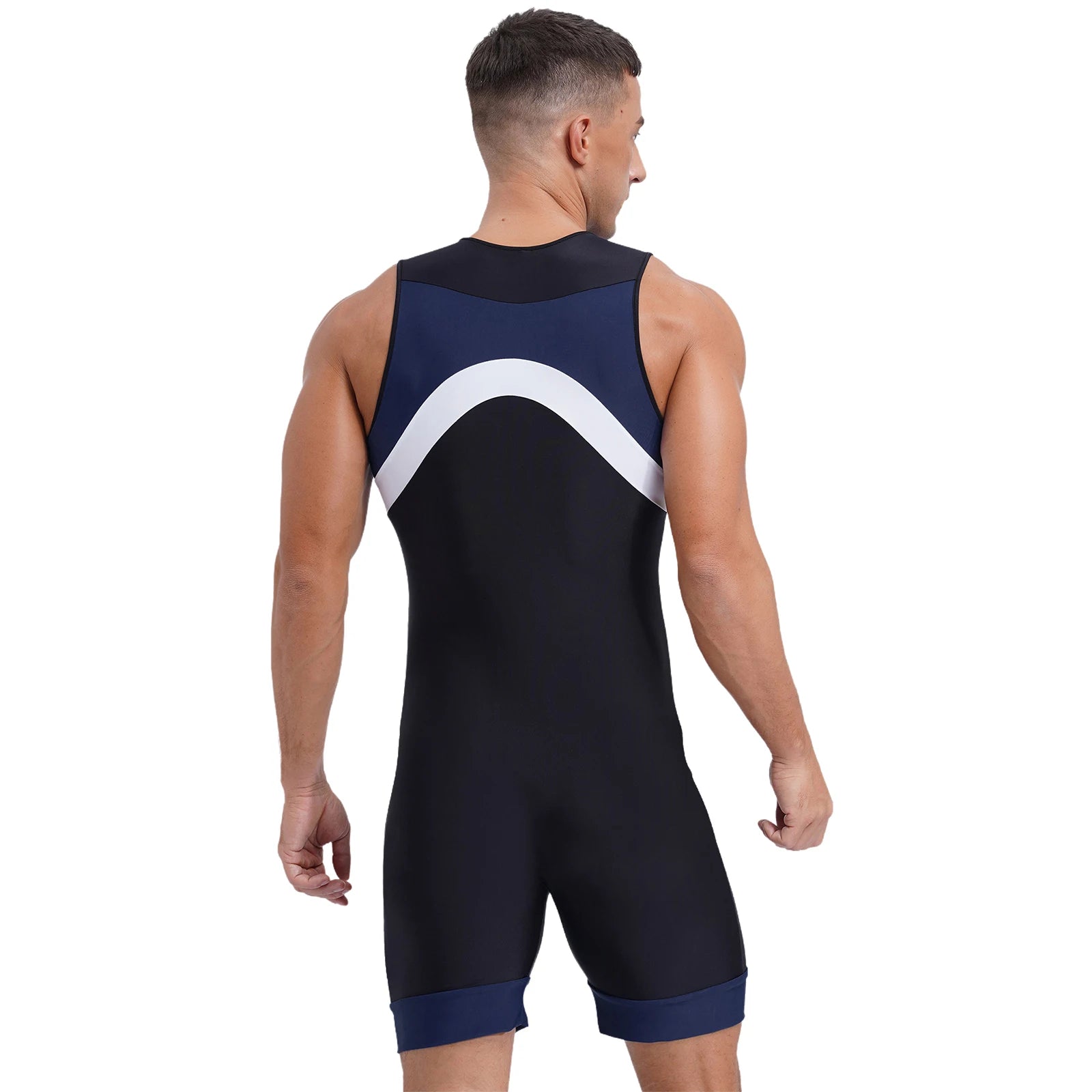 a sexy man in navy blue Men’s Undertow Wave-Zip Bodysuit – pridevoyageshop.com – gay men’s harness, lingerie and fetish wear