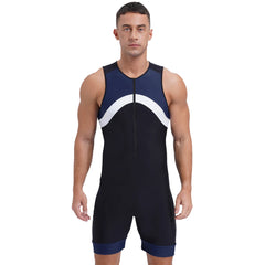a sexy man in navy blue Men’s Undertow Wave-Zip Bodysuit – pridevoyageshop.com – gay men’s harness, lingerie and fetish wear