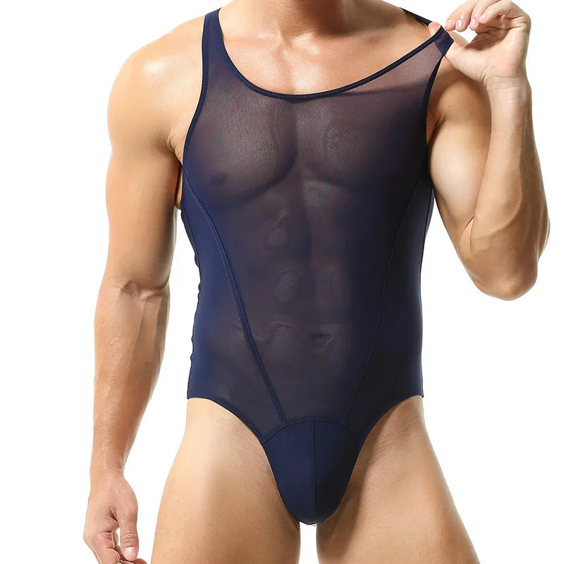 a sexy man in navy blue The Preview Sheer Bodysuit – pridevoyageshop.com – gay men’s harness, lingerie and fetish wear
