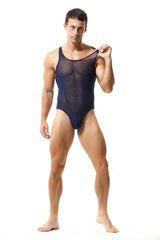 a sexy man in navy blue The Preview Sheer Bodysuit – pridevoyageshop.com – gay men’s harness, lingerie and fetish wear