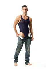 a sexy man in navy blue The Preview Sheer Bodysuit – pridevoyageshop.com – gay men’s harness, lingerie and fetish wear