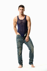 a sexy man in navy blue The Preview Sheer Bodysuit – pridevoyageshop.com – gay men’s harness, lingerie and fetish wear