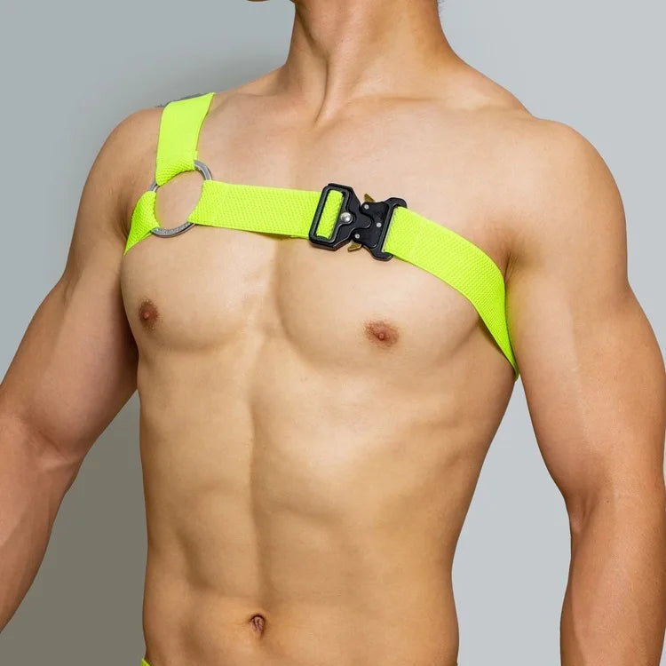 a sexy man in neon green Men’s Trigger Quick-Release Chest Harness – pridevoyageshop.com – gay men’s harness, lingerie and fetish wear