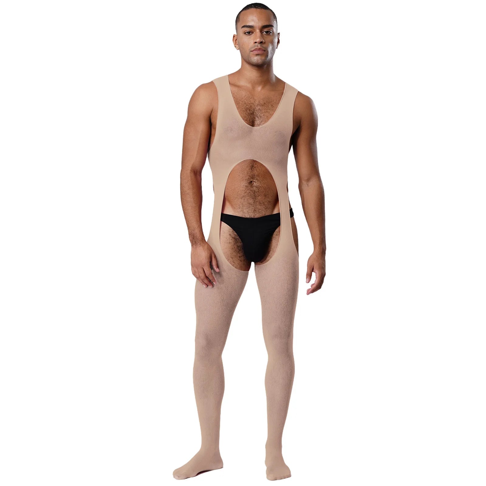 a sexy man in nude cutout sheer bodystocking, skin-tone mesh with cutouts showing chest and torso – pridevoyageshop.com – gay men’s harness, lingerie and fetish wear