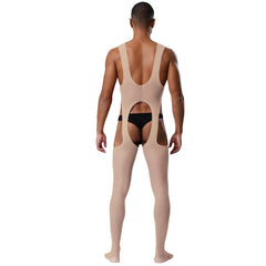 a sexy man in nude cutout sheer bodystocking, skin-tone mesh with cutouts showing chest and torso – pridevoyageshop.com – gay men’s harness, lingerie and fetish wear