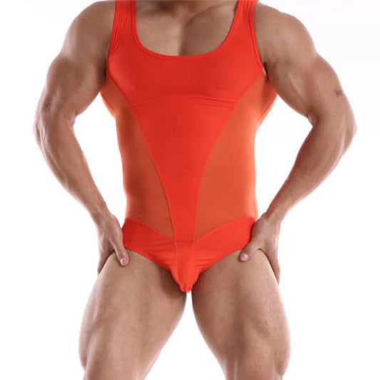 a sexy man in orange Adonis V-Contour Mesh Singlet, tight sheer torso fit, V-shape contour lines, sculpted chest, athletic fetish vibe – pridevoyageshop.com – gay men’s harness, lingerie and fetish wear