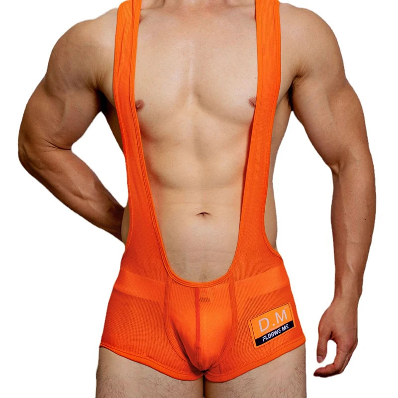 a sexy man in orange DM Men’s Powerline Y-Back Mesh Singlet – pridevoyageshop.com – gay men’s harness, lingerie and fetish wear