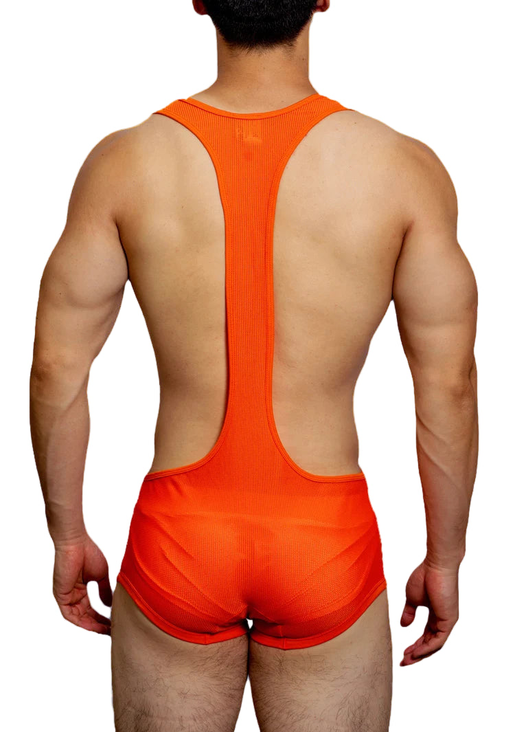 a sexy man in orange DM Men’s Powerline Y-Back Mesh Singlet – pridevoyageshop.com – gay men’s harness, lingerie and fetish wear