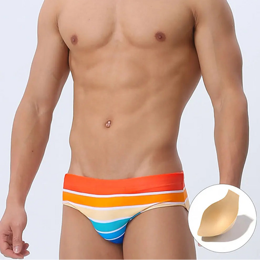 a sexy man in orange Men’s Bottom Line Stripe Swim Briefs with pad - pridevoyageshop.com - gay men’s sexy swim briefs, trunks, board shorts, and bikinis
