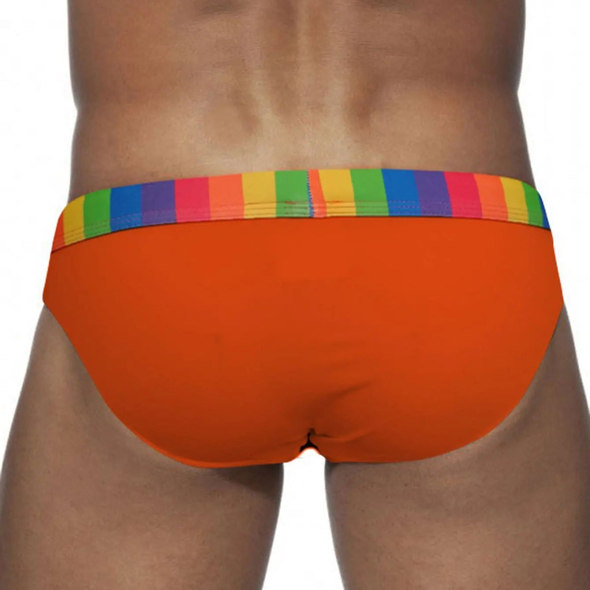 a sexy man in orange Men’s Pride Patrol Rainbow Band Swim Briefs - pridevoyageshop.com - gay men’s sexy swim briefs, trunks, board shorts, and bikinis