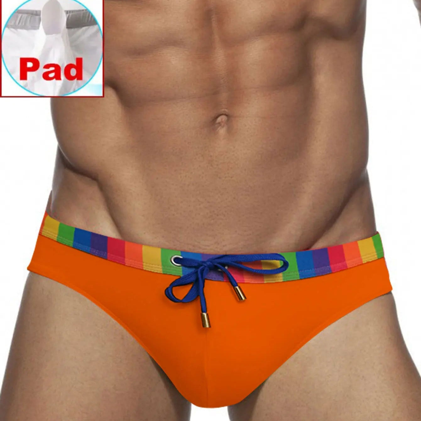 a sexy man in orange Men’s Pride Patrol Rainbow Band Swim Briefs with pad - pridevoyageshop.com - gay men’s sexy swim briefs, trunks, board shorts, and bikinis
