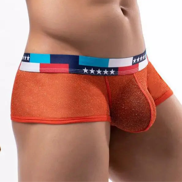 a sexy man in orange Men's Star-Spangled Sparkle Sheer Boxers - pridevoyageshop.com - gay men’s thongs, boxers, briefs and jockstraps