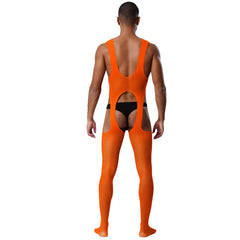 a sexy man in orange cutout sheer bodystocking, mesh fabric and open chest panels, bold playful style – pridevoyageshop.com – gay men’s harness, lingerie and fetish wear